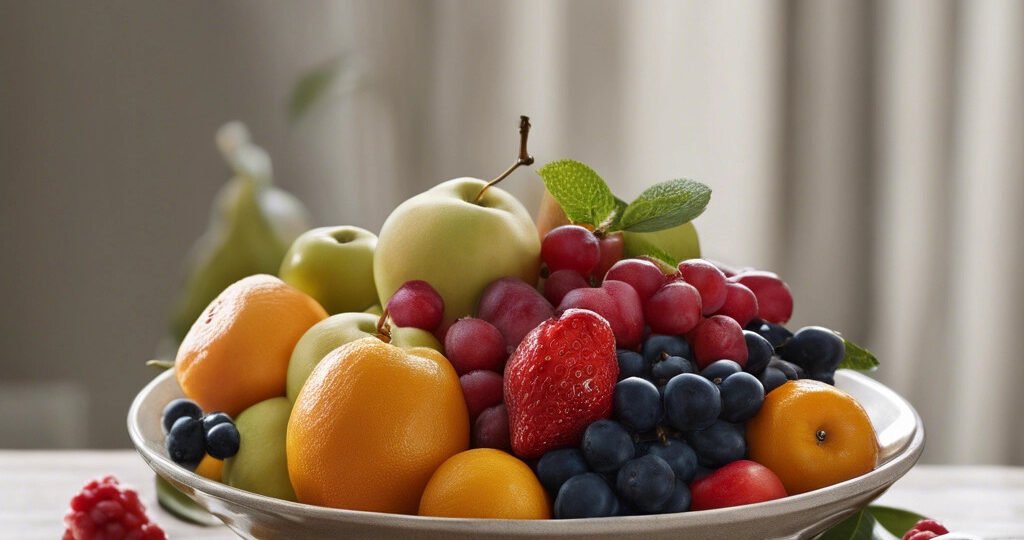 A hyper realistic photograph of a bowl of fresh fruit, with each piece looking incredibly lifelike.